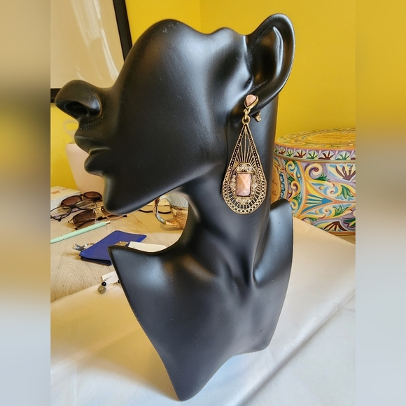 Boho Bronze And Pink Stone Teardrop Earrings - Picture 8 of 12